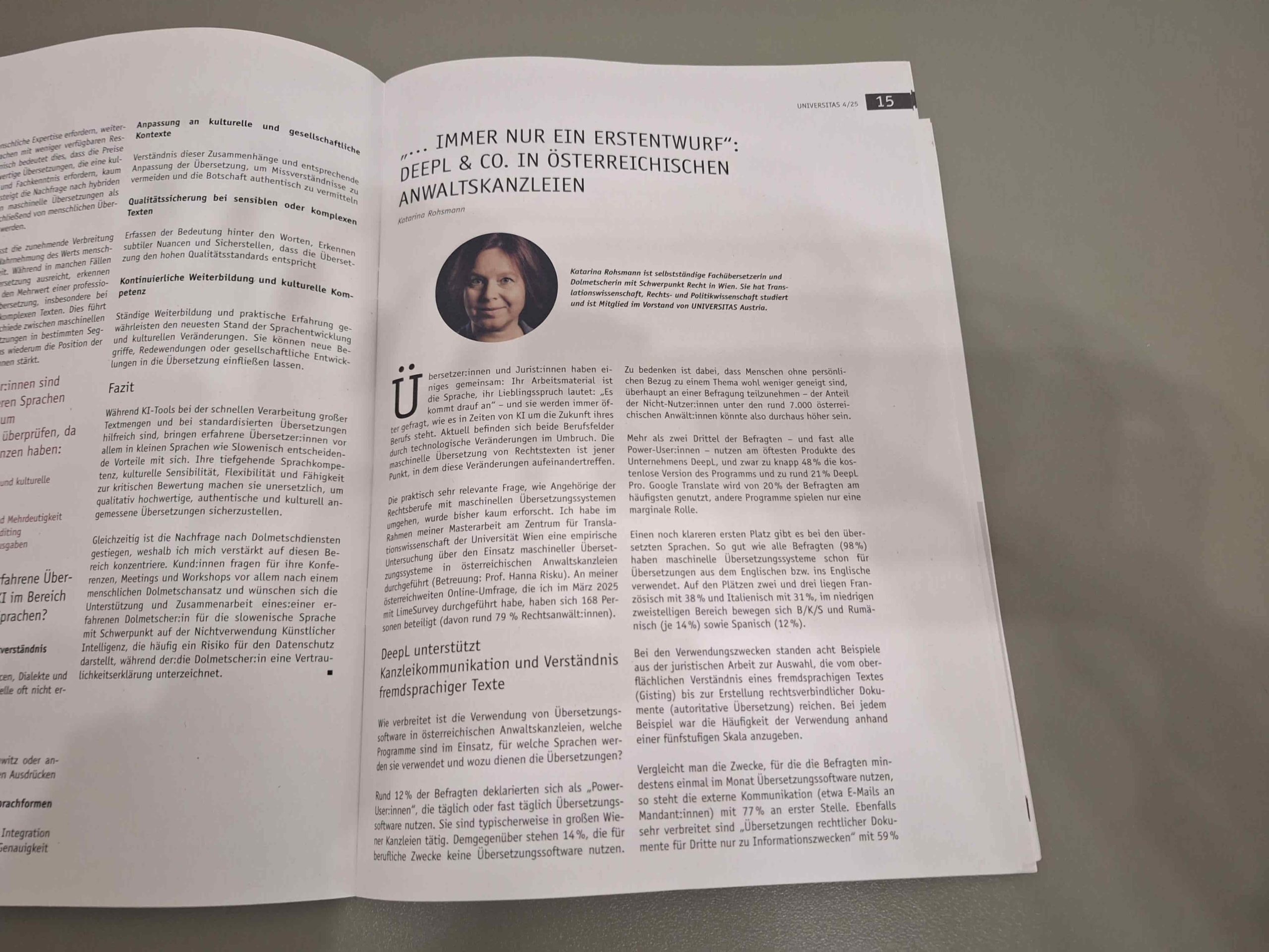 Das aufgeschlagene Fachmagazin mit dem Beitrag von Katarina Rohsmann